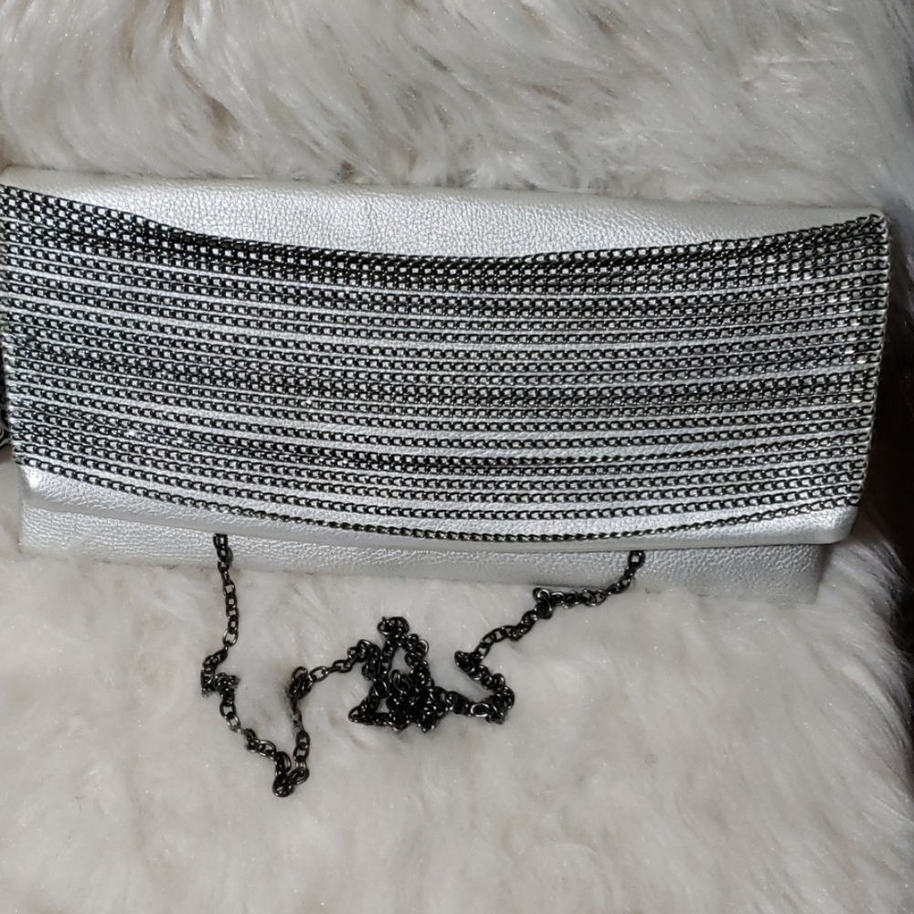 NWT silver chain clutch w hidden strap